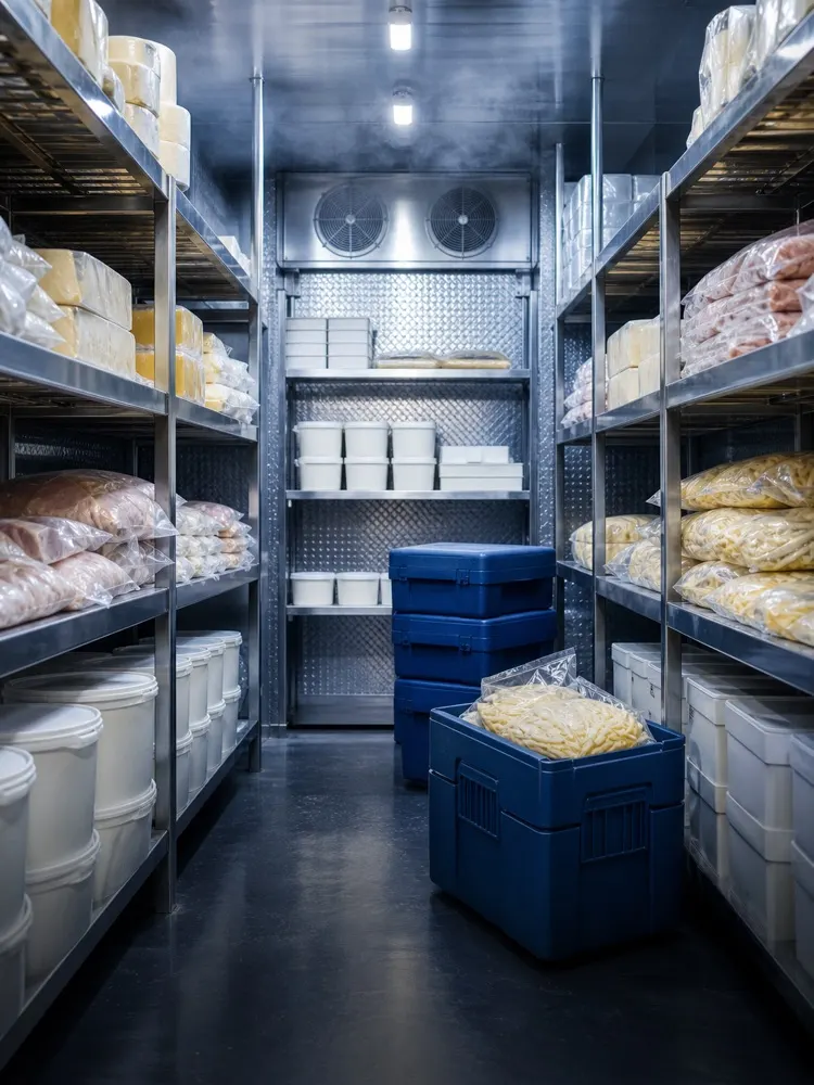 Chilled and frozen food stored in a commercial cold room
