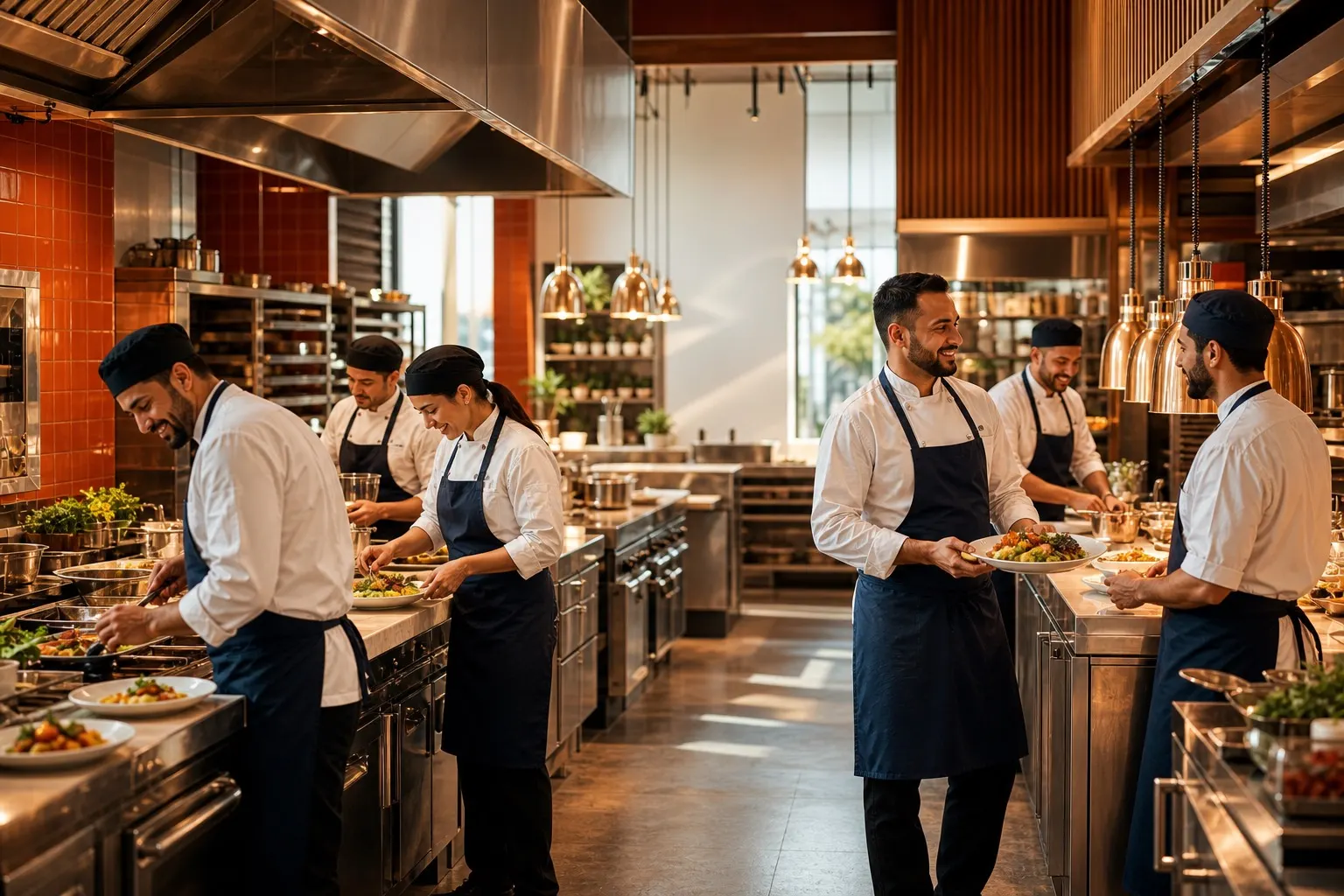 A hotel kitchen brigade plating at the pass