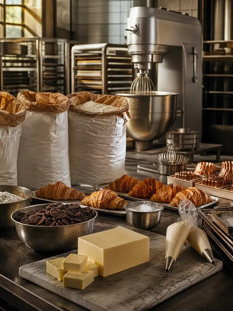 Bakery and pastry kitchen with fresh bread and pastries