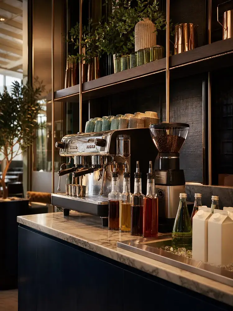 Café counter with coffee beans and barista milk