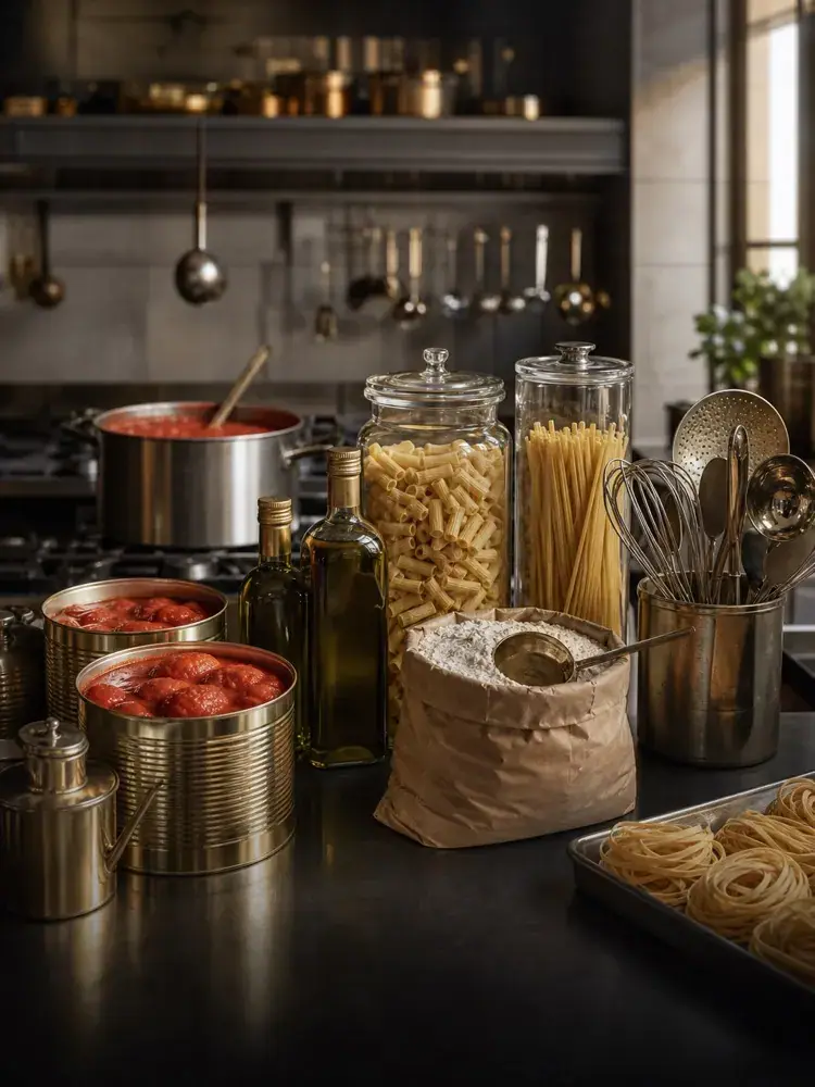 Italian kitchen with 00 flour, tomatoes and cheese