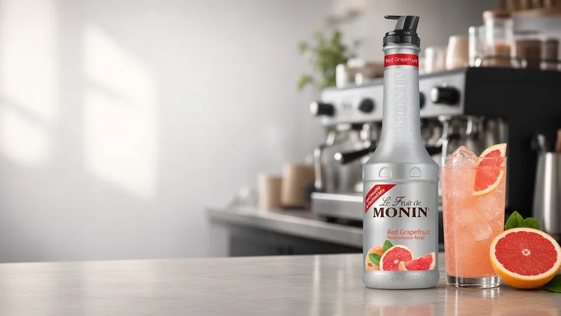 Sparkling grapefruit soda with a ruby grapefruit slice next to a 1 litre bottle of Monin Red Grapefruit fruit purée