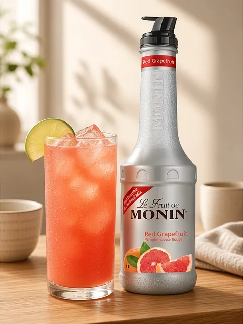 Grapefruit cooler with grapefruit beside a 1 litre bottle of Monin Red Grapefruit fruit purée