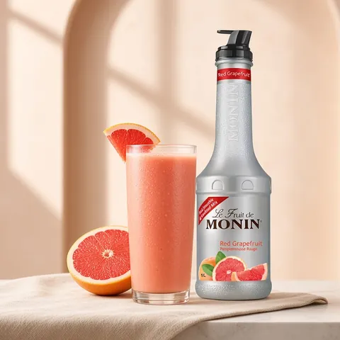 Grapefruit smoothie beside a 1 litre bottle of Monin Red Grapefruit fruit purée
