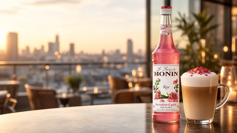 Rose latte with dried rose petals next to a 70cl bottle of Monin Rose syrup