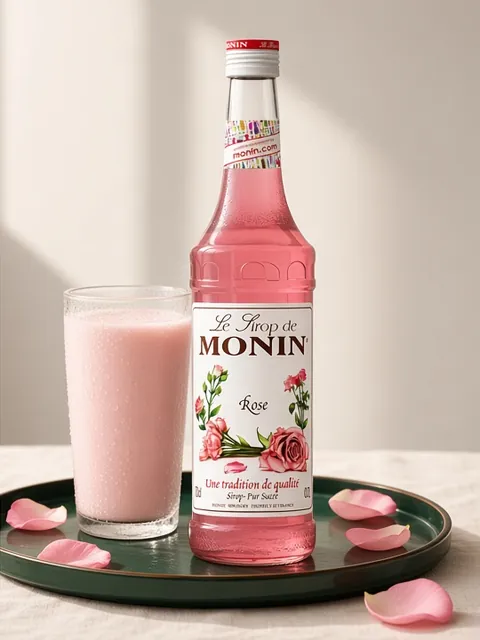 Pink rose milk in a glass beside a 70cl bottle of Monin Rose syrup