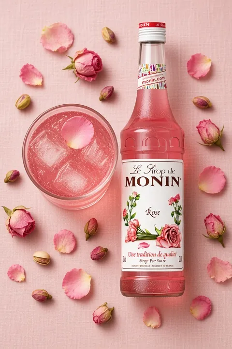 Rose lemonade with petals beside a 70cl bottle of Monin Rose syrup