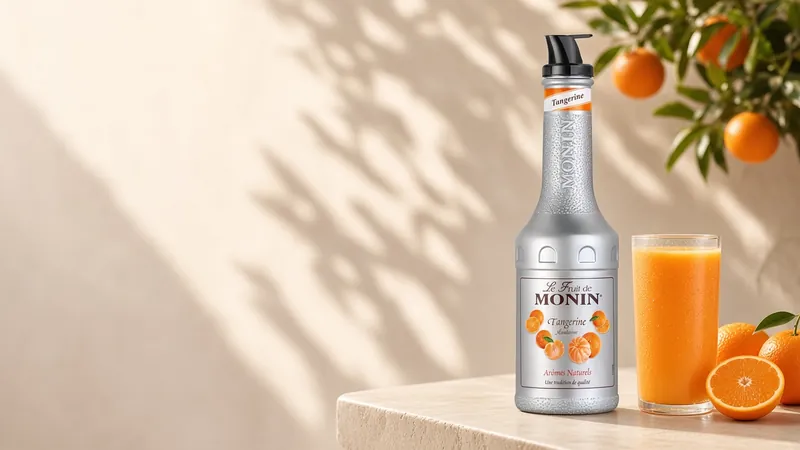Tangerine smoothie with tangerine halves next to a 1 litre bottle of Monin Tangerine fruit purée
