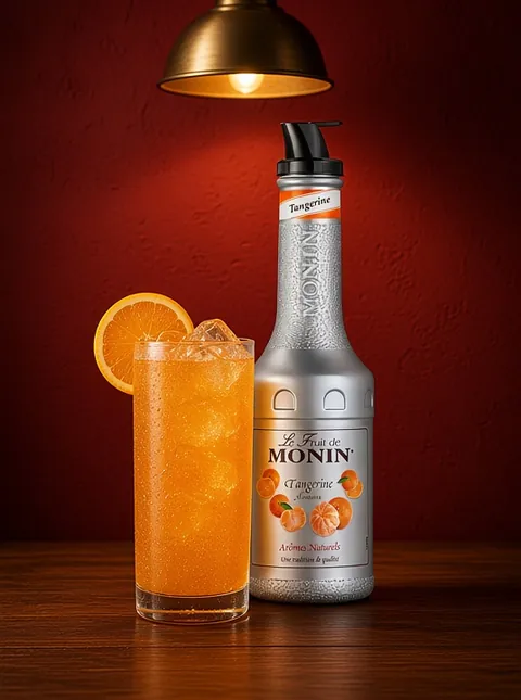 Sparkling tangerine brunch soda beside a 1 litre bottle of Monin Tangerine fruit purée