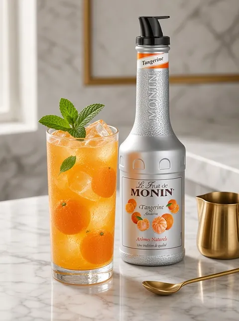 Tangerine soft drink over ice beside a 1 litre bottle of Monin Tangerine fruit purée