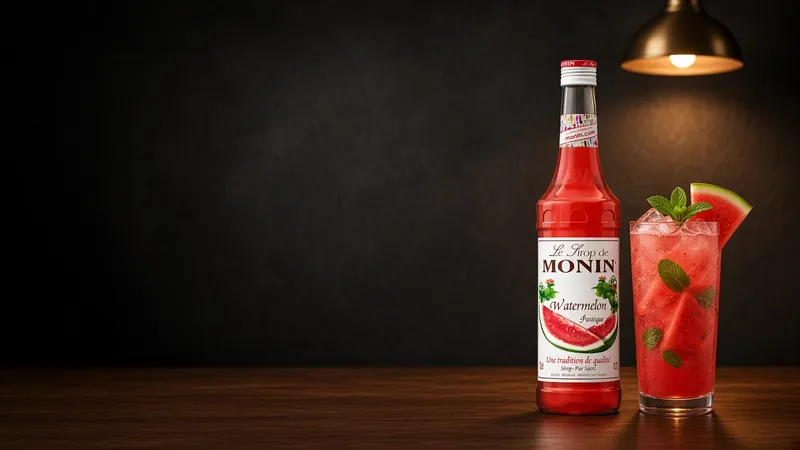 Watermelon cooler with a watermelon wedge next to a 70cl bottle of Monin Watermelon syrup