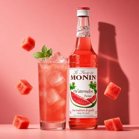 Watermelon lemonade beside a 70cl bottle of Monin Watermelon syrup