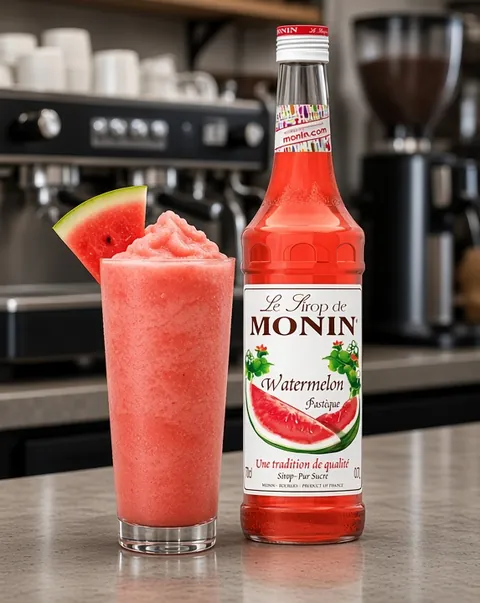 Watermelon slushie beside a 70cl bottle of Monin Watermelon syrup