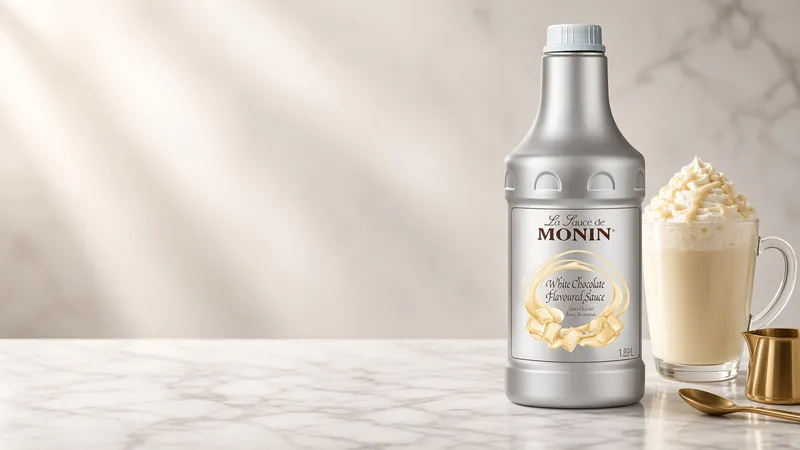 White chocolate mocha with whipped cream next to a 1.89 litre bottle of Monin White Chocolate sauce
