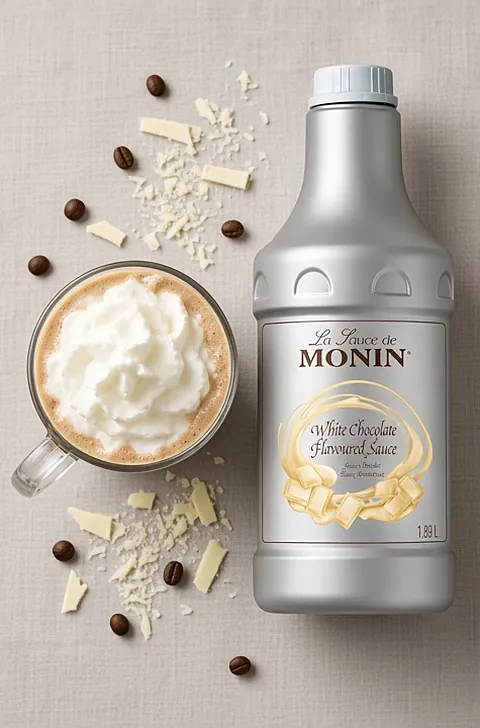 White chocolate mocha beside a 1.89 litre bottle of Monin White Chocolate sauce