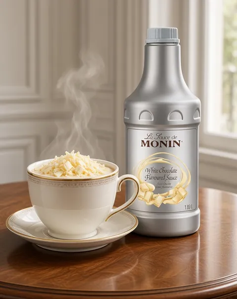 White hot chocolate beside a 1.89 litre bottle of Monin White Chocolate sauce