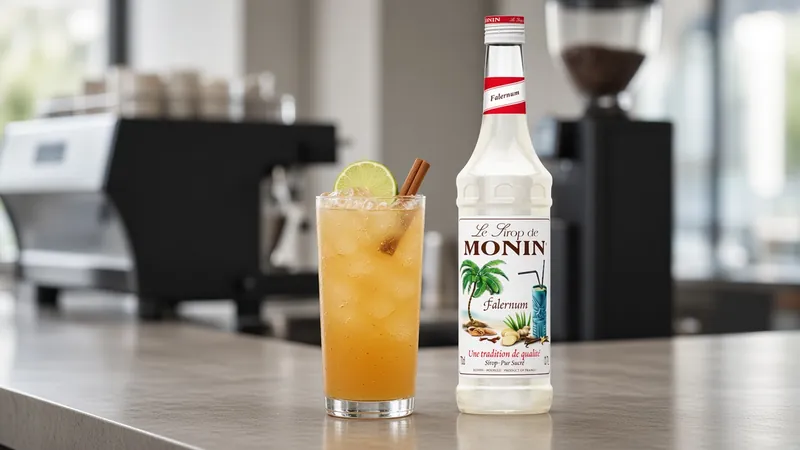 Spiced fruit punch with lime and cinnamon next to a 70cl bottle of Monin Falernum syrup