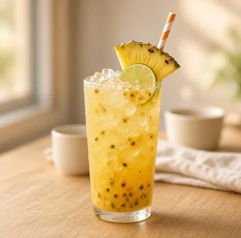 Pineapple and passion fruit cooler over crushed ice with a pineapple wedge