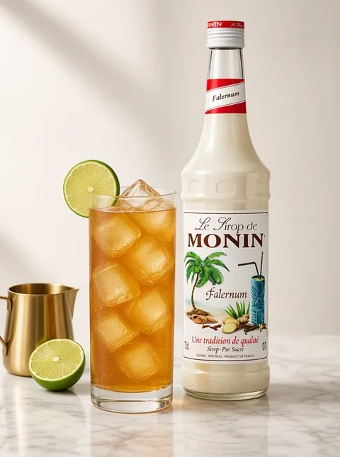 Iced tea soft drink with lime beside a 70cl bottle of Monin Falernum syrup