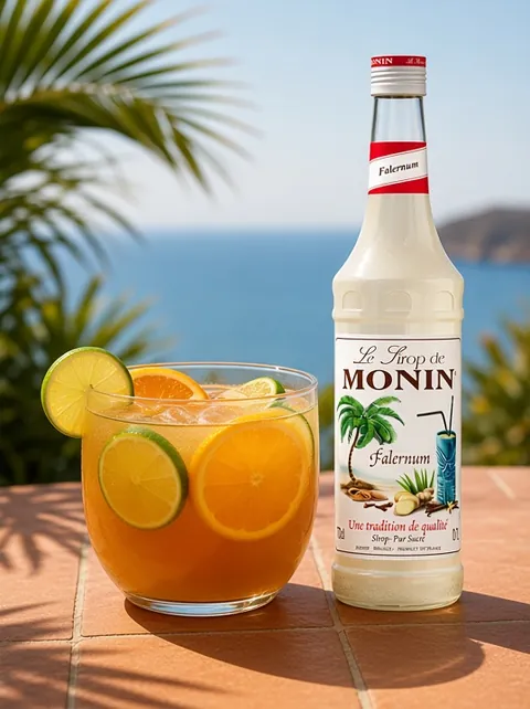 Fruit punch bowl with citrus beside a 70cl bottle of Monin Falernum syrup