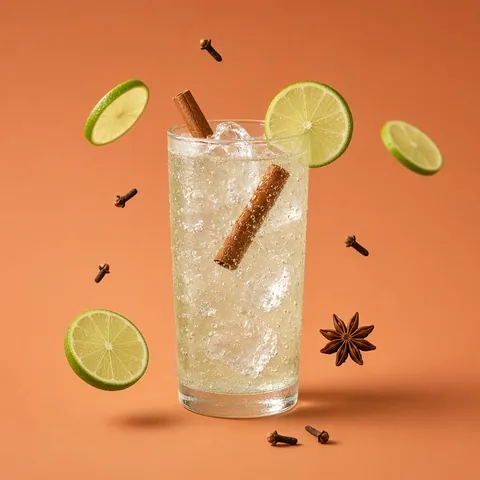 Sparkling spiced lime soda with a lime wheel and cinnamon stick