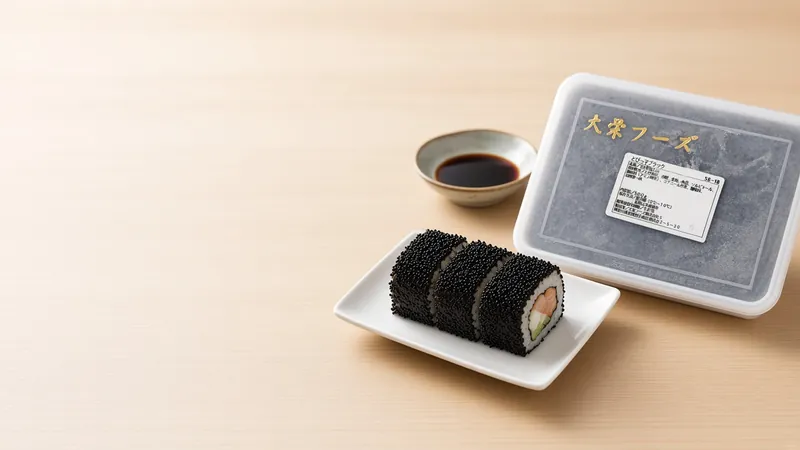 Inside-out sushi roll coated in glossy black tobiko, sliced on a small white plate beside a Daiei black tobiko tray