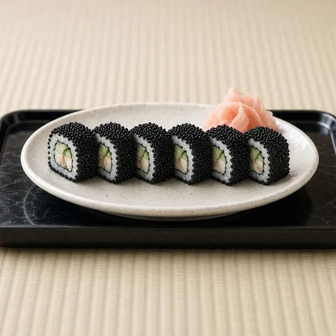 Inside-out sushi rolls coated in black tobiko