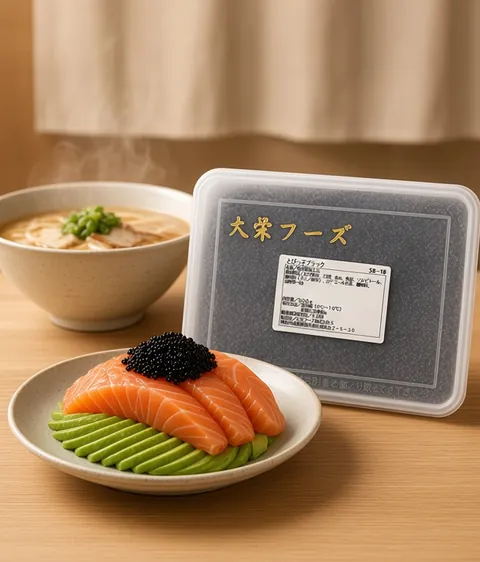 Salmon sashimi on avocado slices topped with black tobiko beside a Daiei black tobiko tray