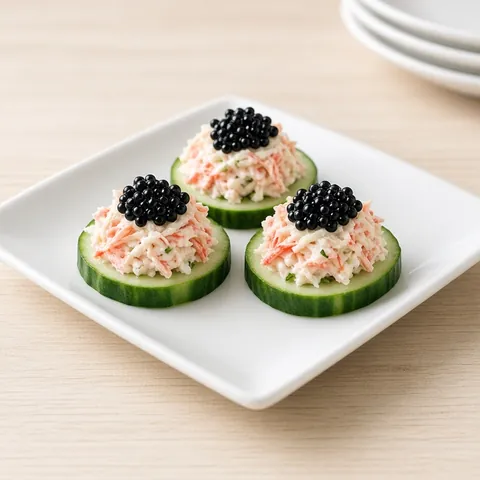 Cucumber round canapés topped with crab salad and black tobiko