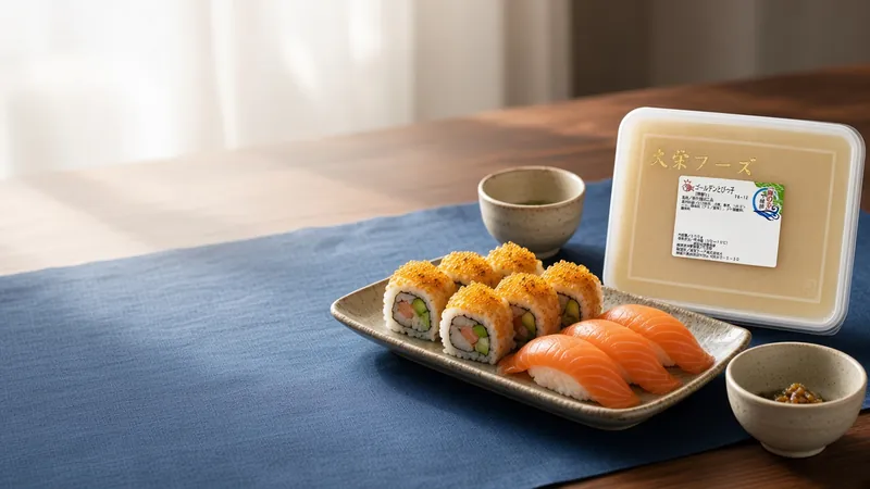 Platter of sushi rolls topped with golden tobiko beside salmon nigiri beside a Daiei gold tobiko tray