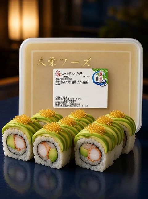 Sushi rolls topped with golden tobiko and thin avocado slices beside a Daiei gold tobiko tray