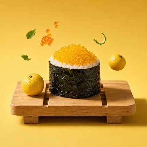 Golden tobiko gunkan maki on a small wooden geta board