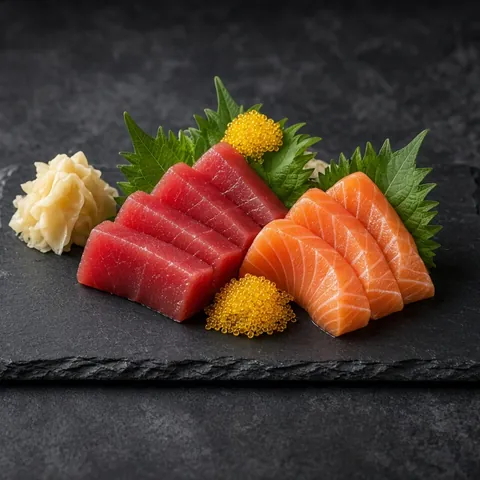Sashimi platter of tuna and salmon garnished with small mounds of golden tobiko