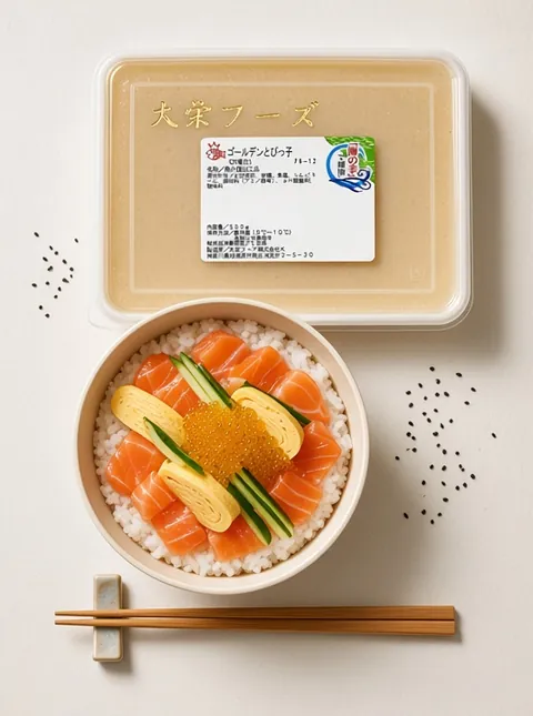 Chirashi bowl of sushi rice with salmon, tamagoyaki, cucumber and golden tobiko beside a Daiei gold tobiko tray