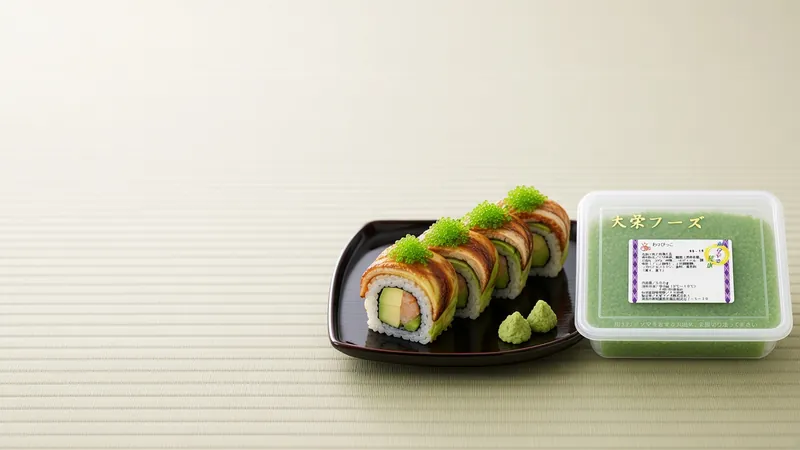 Dragon-style sushi roll topped with bright green wasabi tobiko on a dark plate beside a Daiei green wasabi tobiko tray