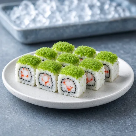 Maki rolls topped with bright green wasabi tobiko