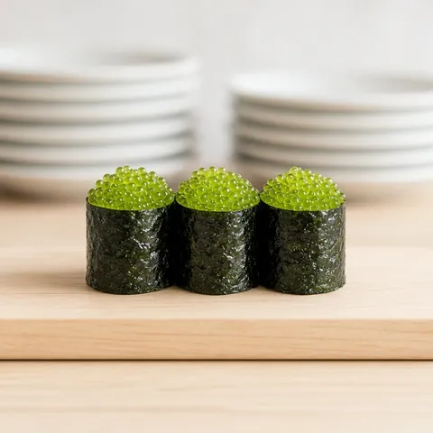 Green wasabi tobiko gunkan maki in a neat row