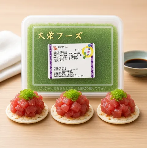 Rice cracker canapés topped with tuna tartare and green tobiko beside a Daiei green wasabi tobiko tray