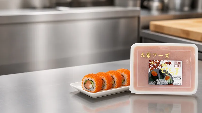 California roll slices coated in orange tobiko on a white plate beside a Daiei orange tobiko tray
