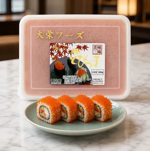 California rolls coated in orange tobiko beside a Daiei orange tobiko tray
