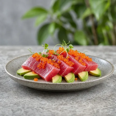 Tuna sashimi on avocado wedges topped with orange tobiko