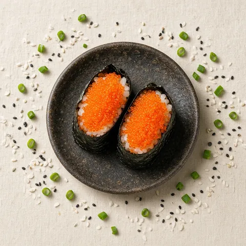 Orange tobiko gunkan maki on a dark ceramic plate