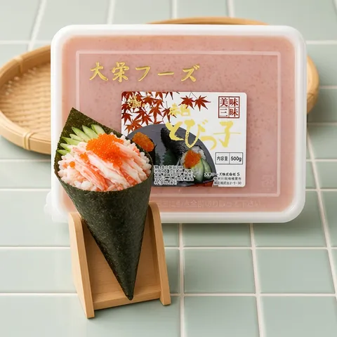 Cone-shaped temaki hand roll filled with crab, cucumber and orange tobiko beside a Daiei orange tobiko tray