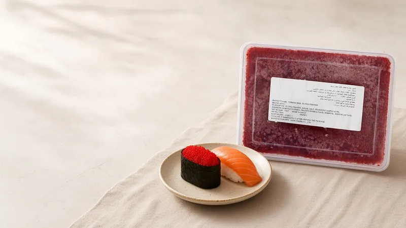 Red tobiko gunkan maki and salmon nigiri on a handmade ceramic plate beside a Daiei red tobiko tray