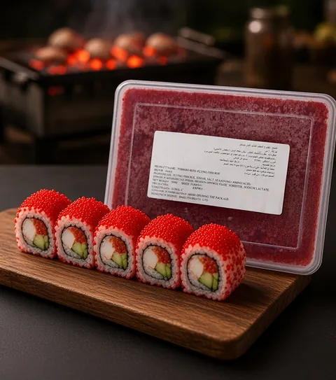 Sushi rolls coated in deep red tobiko on a cedar board beside a Daiei red tobiko tray