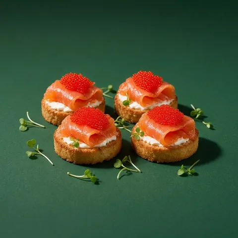 Small canapés of smoked salmon and cream cheese topped with red tobiko