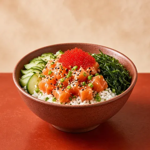 Salmon poke bowl with rice, cucumber, seaweed and red tobiko