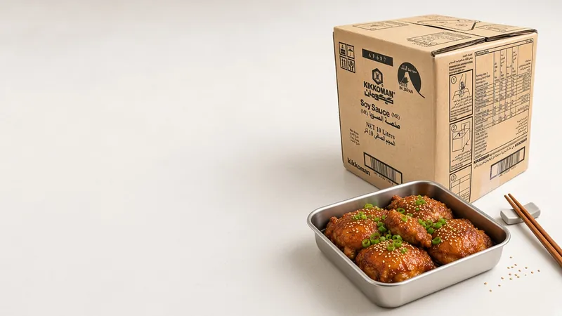 Stainless tray of soy-glazed chicken thighs with sesame and spring onion in front of a Kikkoman Soy Sauce 10 litre box