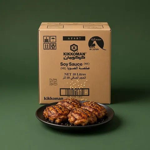 Grilled soy-marinated chicken thighs with sesame in front of a Kikkoman Soy Sauce 10 litre box