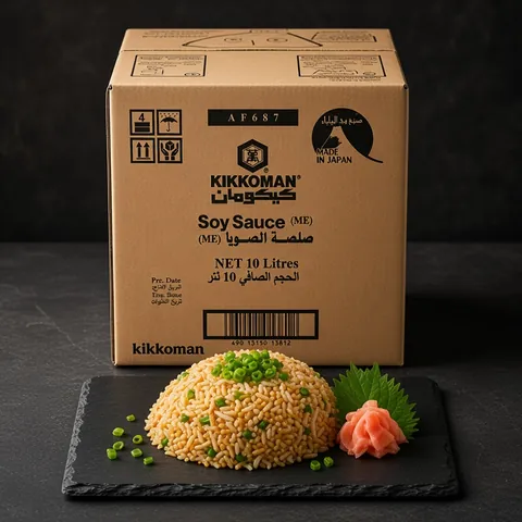 Egg fried rice with spring onion on a slate board in front of a Kikkoman Soy Sauce 10 litre box